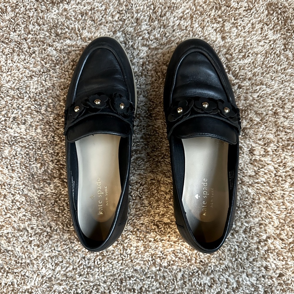 Kate Spade New York Womens Karisa Leather Loafers Size 7.5 M Black Gold Flowers